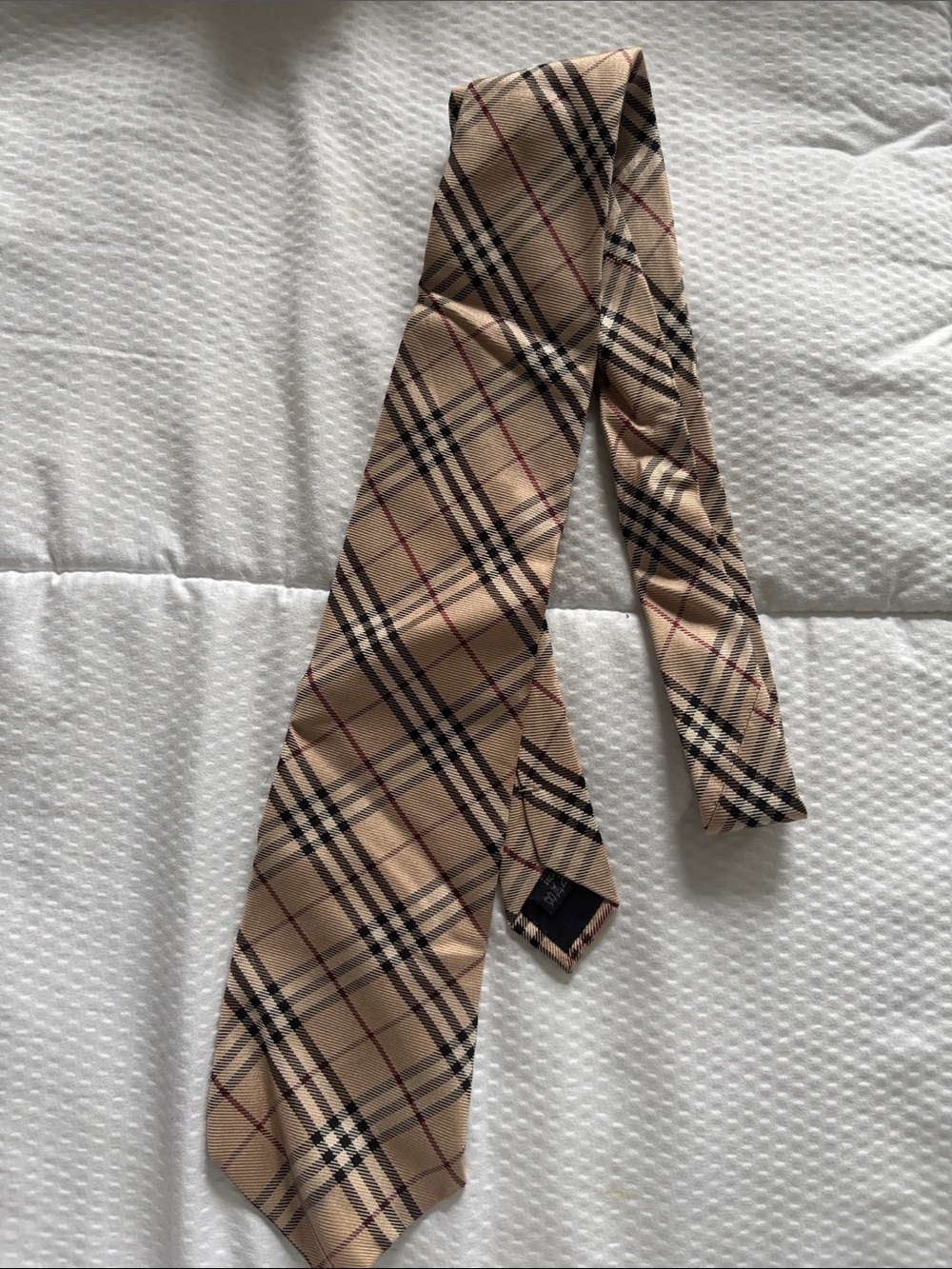 Burberry Beige Plaid Men's Tie with Black and Red Accents